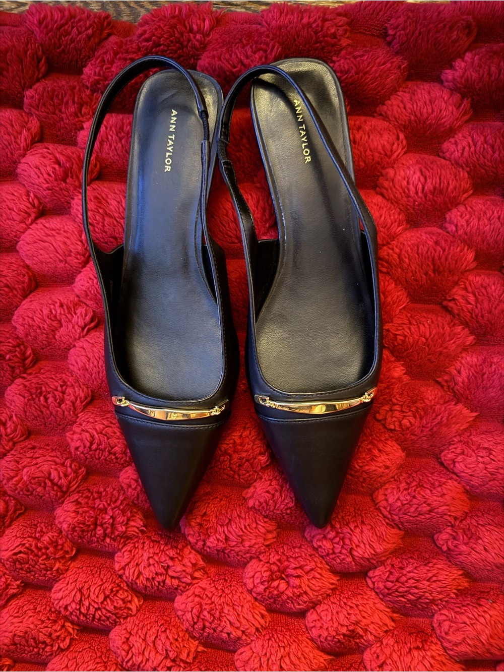 Ann Taylor Black Pointed Toe Slingback Low Heels with Gold Trim